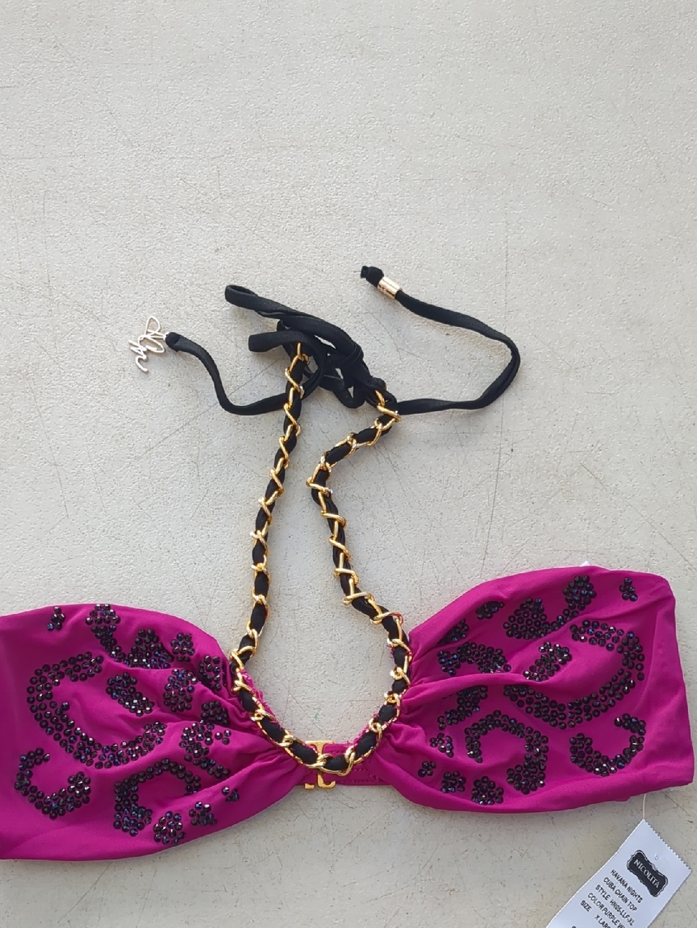 Nicolita Magenta Bandeau Bikini Top with Black Bead Accents and Gold Chain